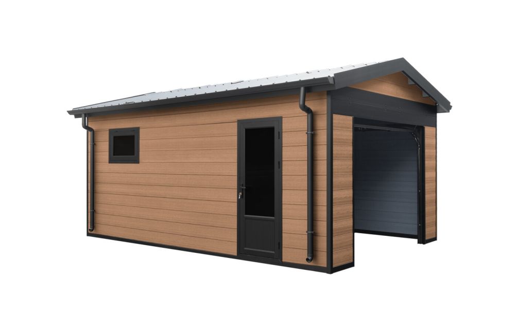 WPC Garage SALLANCHES mit elektrischem Sektionaltor – Wendbare WPC-Dielen in Teak/Anthrazit – 19 m² Innenfläche