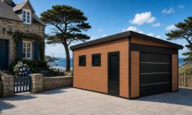 WPC Garage OCEANIE mit elektrischem Sektionaltor – Wendbare WPC-Dielen in Teak/Anthrazit – 19 m² Innenfläche