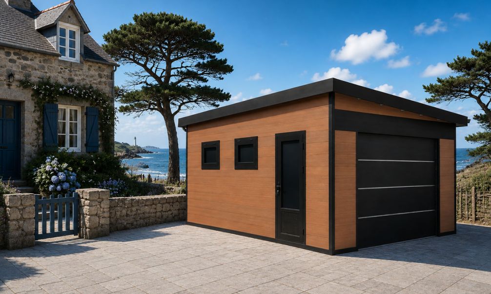WPC Garage OCEANIE mit elektrischem Sektionaltor – Wendbare WPC-Dielen in Teak/Anthrazit – 19 m² Innenfläche
