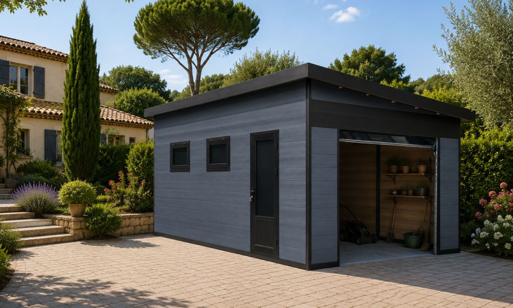 WPC Garage OCEANIE mit elektrischem Sektionaltor – Wendbare WPC-Dielen in Teak/Anthrazit – 19 m² Innenfläche