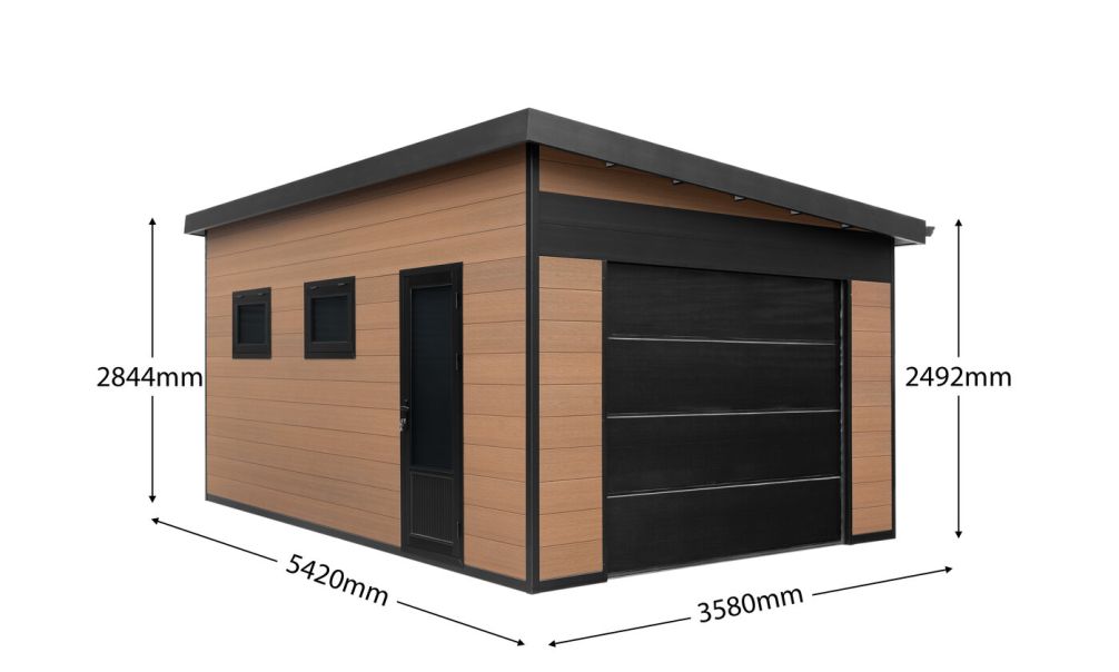 WPC Garage OCEANIE mit elektrischem Sektionaltor – Wendbare WPC-Dielen in Teak/Anthrazit – 19 m² Innenfläche