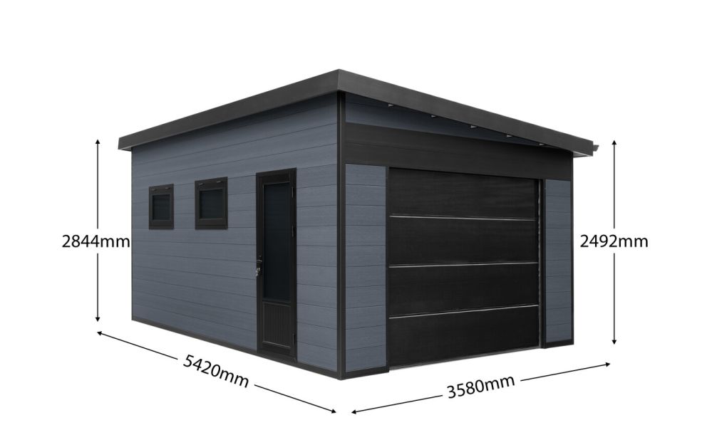 WPC Garage OCEANIE mit elektrischem Sektionaltor – Wendbare WPC-Dielen in Teak/Anthrazit – 19 m² Innenfläche