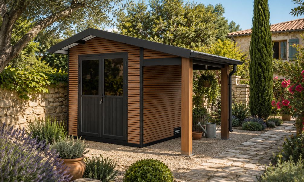 WPC Gartenhaus DOUBS mit Anbau, 4.00 x2.84m, 4,70 m² Innenfläche