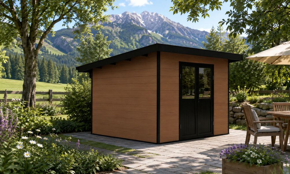 WPC-Gartenhaus AUGSBOURG | Pultdach | Wandstärke 28mm | Teakholz | 302.9X287.9cm