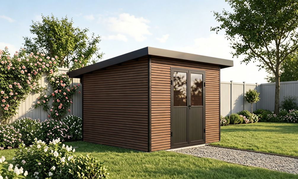 WPC-Gartenhaus AUGSBOURG | Pultdach | Wandstärke 28mm | Teakholz | 302.9X287.9cm