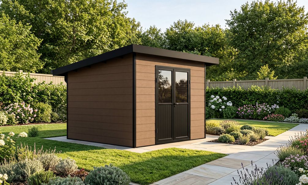 WPC-Gartenhaus AUGSBOURG | Pultdach | Wandstärke 28mm | Teakholz | 302.9X287.9cm