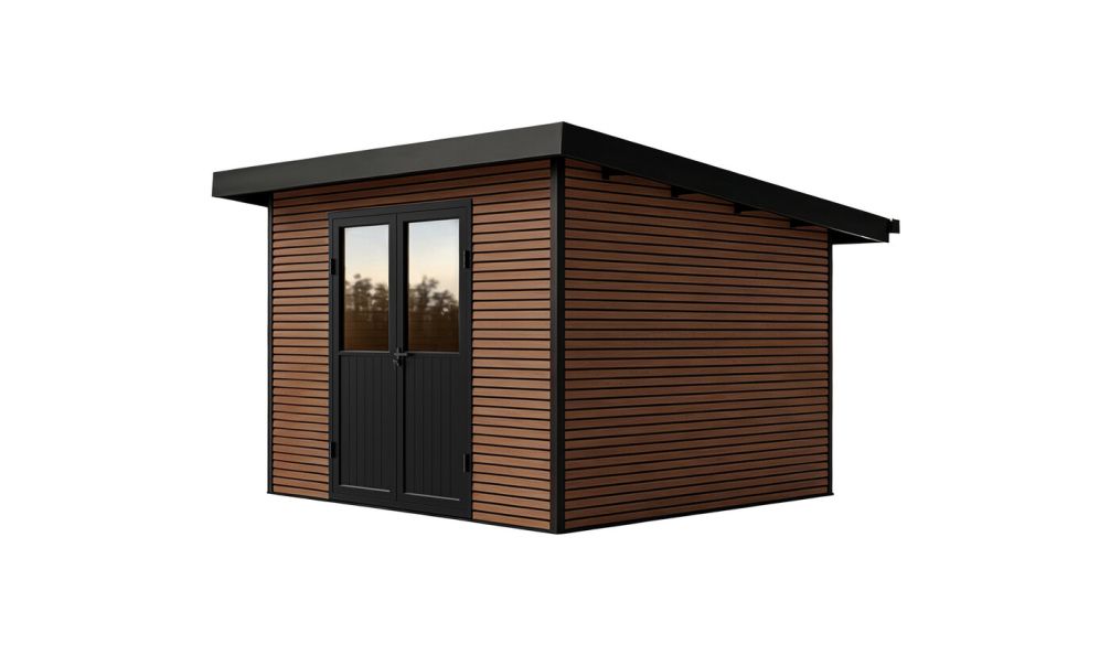 WPC-Gartenhaus AUGSBOURG | Pultdach | Wandstärke 28mm | Teakholz | 302.9X287.9cm