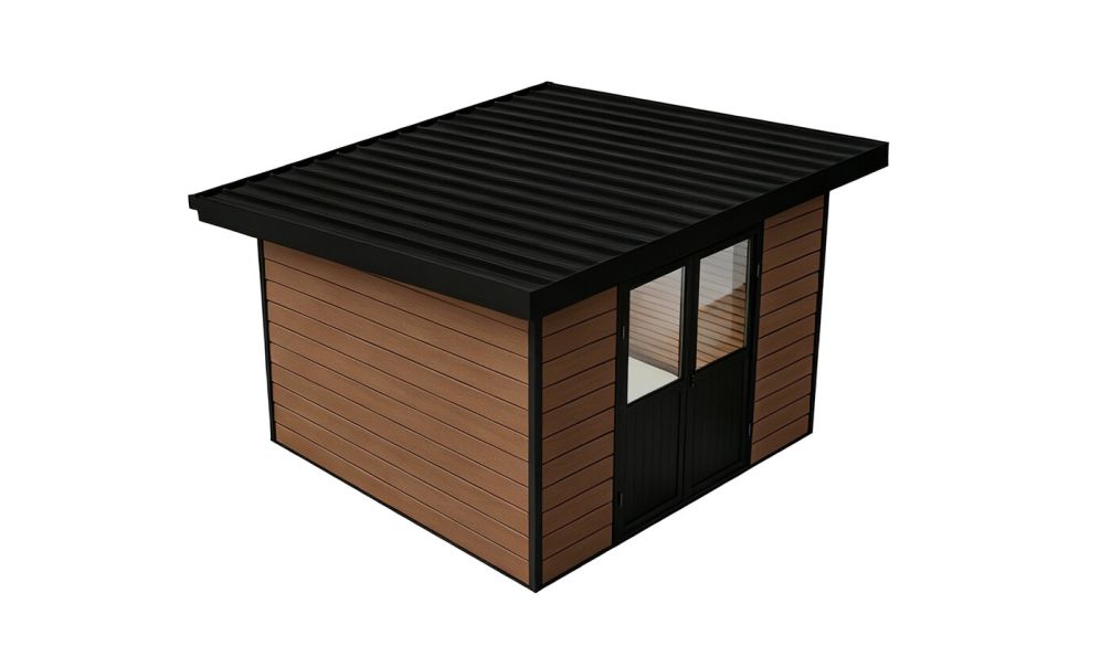 WPC-Gartenhaus AUGSBOURG | Pultdach | Wandstärke 28mm | Teakholz | 302.9X287.9cm