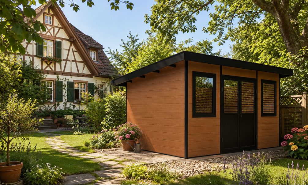 WPC-Gartenhaus MUNSTER | Pultdach | Wandstärke 28mm | Teak | 11m2 Innenfläche