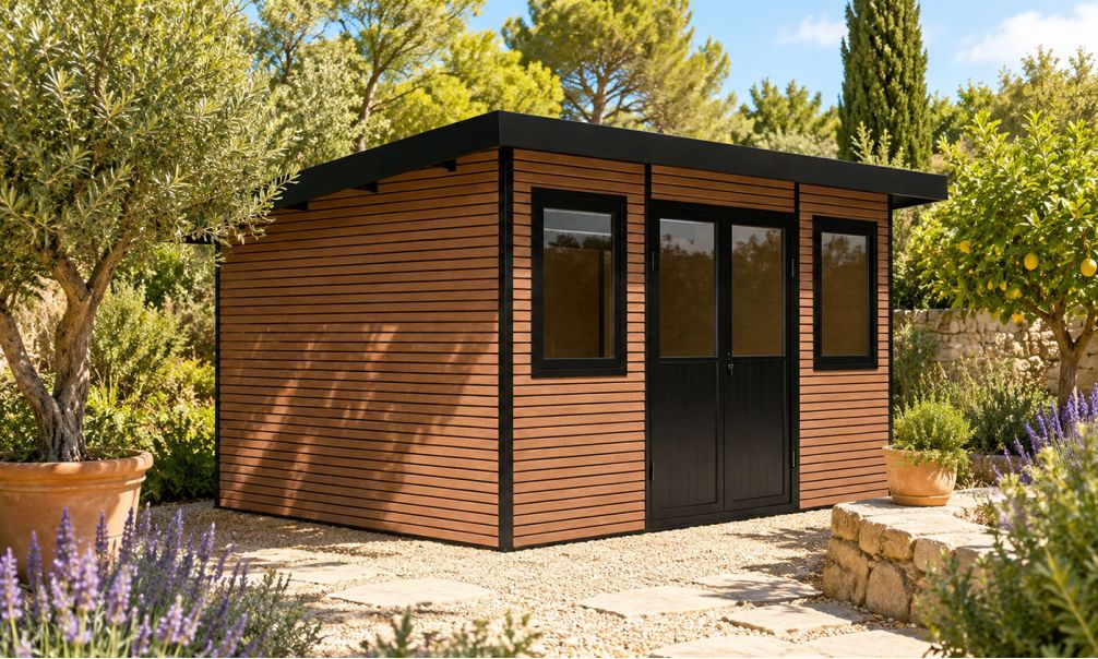 WPC-Gartenhaus MUNSTER | Pultdach | Wandstärke 28mm | Teak | 11m2 Innenfläche