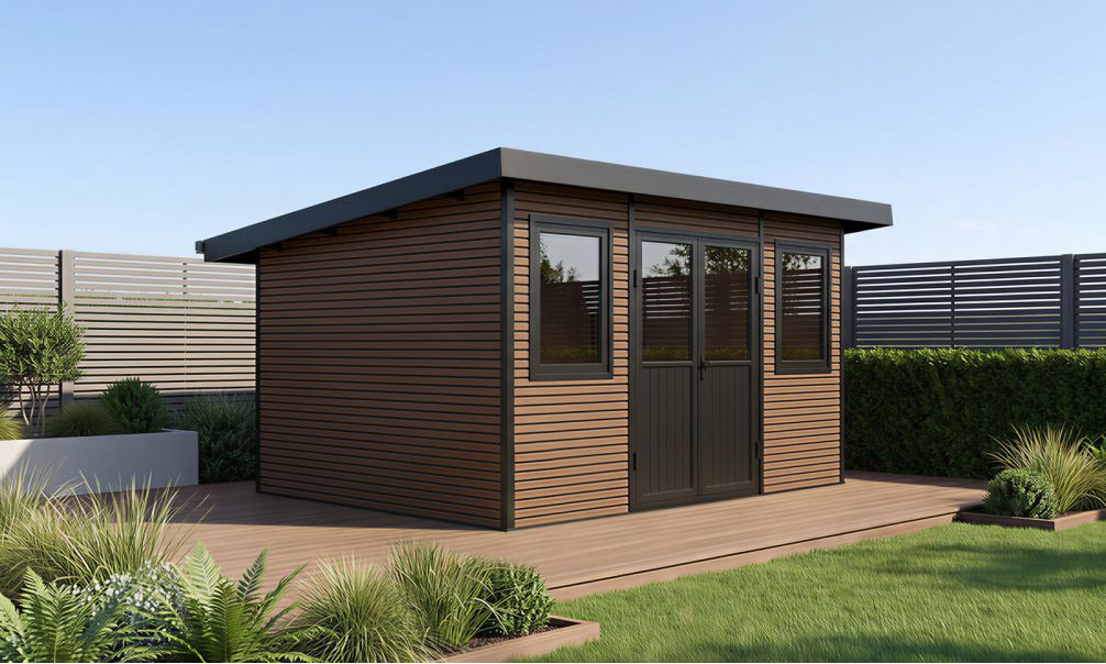 WPC-Gartenhaus MUNSTER | Pultdach | Wandstärke 28mm | Teak | 11m2 Innenfläche