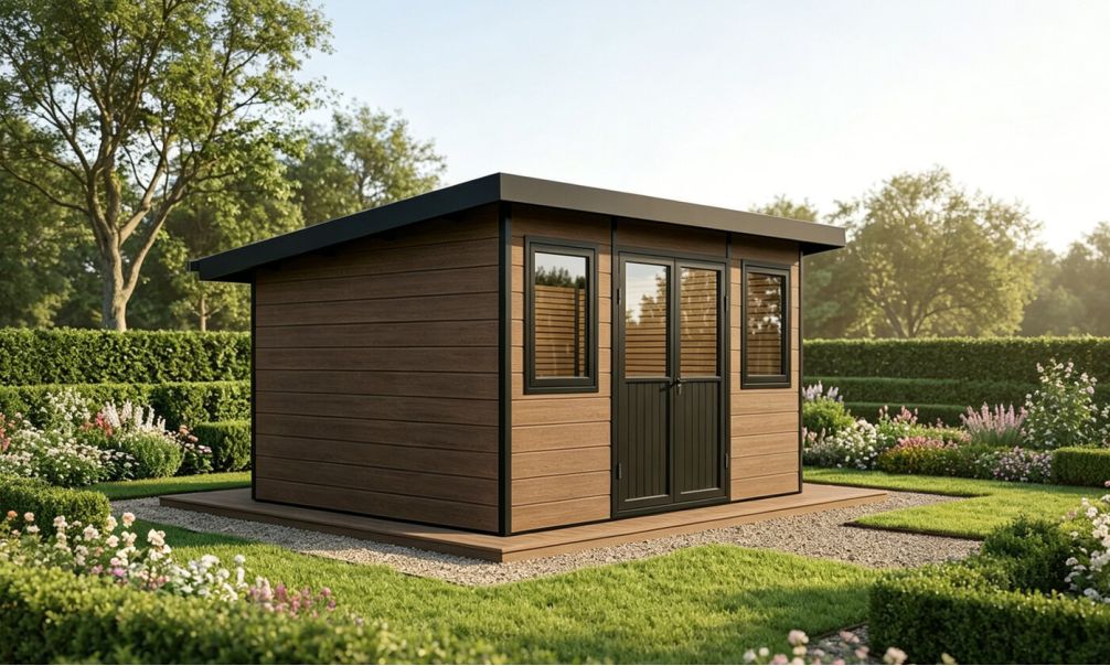 WPC-Gartenhaus MUNSTER | Pultdach | Wandstärke 28mm | Teak | 11m2 Innenfläche