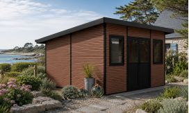 WPC-Gartenhaus DUSSELDORF | Pultdach | Wandstärke 28mm | Teak | 14m2 Innenfläche