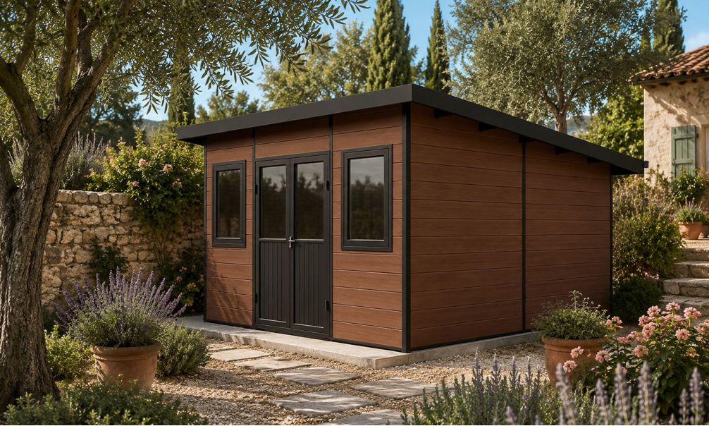WPC-Gartenhaus DUSSELDORF | Pultdach | Wandstärke 28mm | Teak | 14m2 Innenfläche