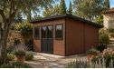 WPC-Gartenhaus DUSSELDORF | Pultdach | Wandstärke 28mm | Teak | 14m2 Innenfläche