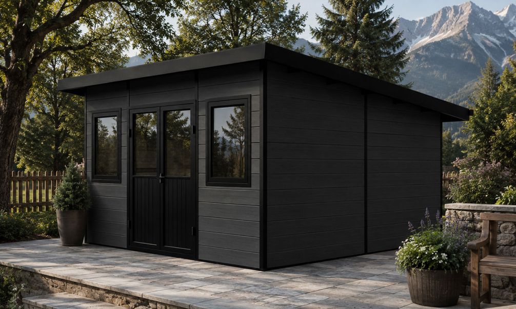 WPC-Gartenhaus DUSSELDORF | Pultdach | Wandstärke 28mm | Anthrazit | 14m2 Innenfläche