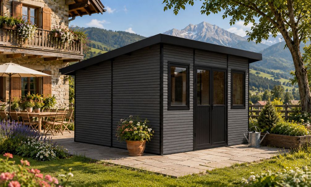 WPC-Gartenhaus DUSSELDORF | Pultdach | Wandstärke 28mm | Anthrazit | 14m2 Innenfläche