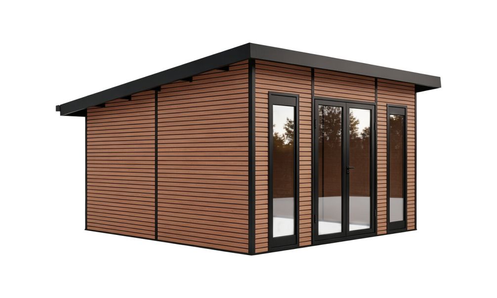 WPC-Gartenhaus Dortmund | Teakholz | Pultdach | Wandstärke 28mm | 387x387cm