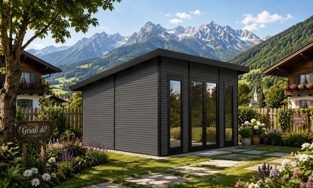 WPC-Gartenhaus Dortmund | Anthrazit | Pultdach | Wandstärke 28mm | 387x387cm