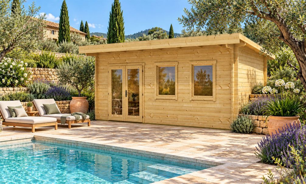 Gartenhaus Bordeaux 44 - 44mm Blockbohlenhaus - Pultdach - Fichte - 16.80m2