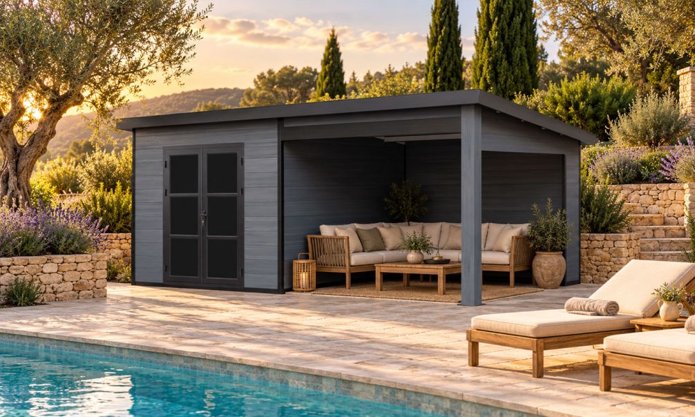WPC-Gartenhaus DOMOKOS | Pultdach | Wandstärke 28mm | Anthrazitgrau | 600x300cm