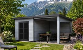 WPC-Gartenhaus DOMOKOS | Pultdach | Wandstärke 28mm | Hellgrau | 600x300cm