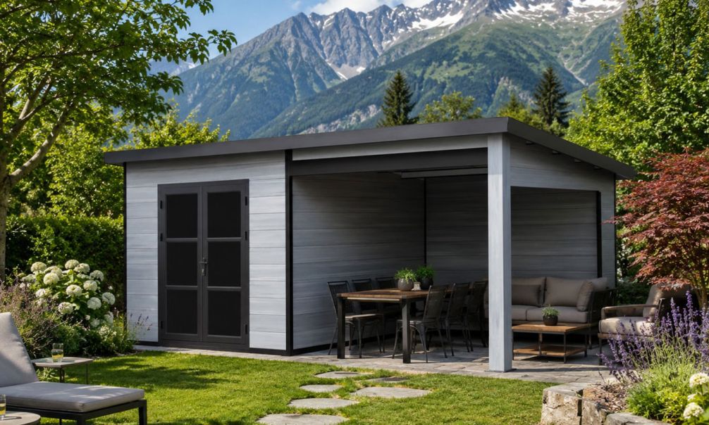 WPC-Gartenhaus DOMOKOS | Pultdach | Wandstärke 28mm | Hellgrau | 600x300cm