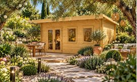 Holz-Gartenhaus Bordeaux 70 - 70mm Blockbohlenhaus - Pultdach - Fichte - 16.33m2