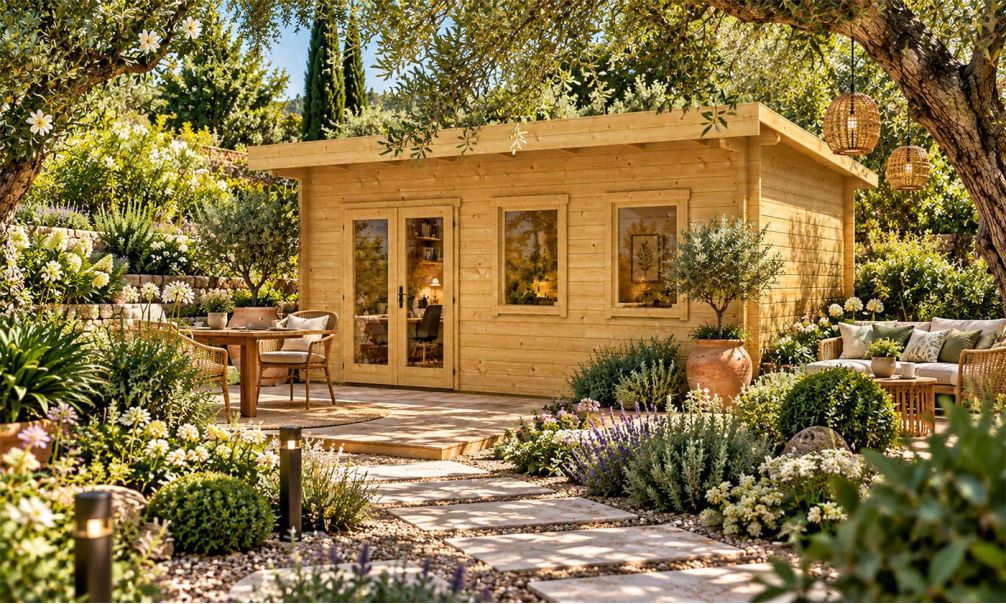 Holz-Gartenhaus Bordeaux 70 - 70mm Blockbohlenhaus - Pultdach - Fichte - 16.33m2
