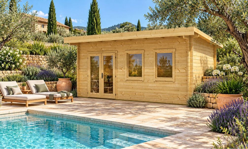 Holz-Gartenhaus Bordeaux 70 - 70mm Blockbohlenhaus - Pultdach - Fichte - 16.33m2
