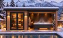 WPC Gartenhaus mit überdachter Terrasse ROMANS, seitenvariabel | 28 mm | Pultdach | Teak | 518.5x223cm, 11.56m2