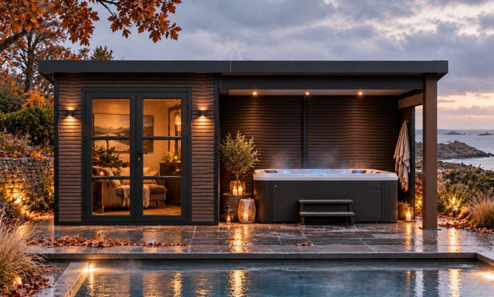 WPC Gartenhaus mit überdachter Terrasse ROMANS, seitenvariabel | 28 mm | Pultdach | Nussbaum |518.5x223cm, 11.56m2