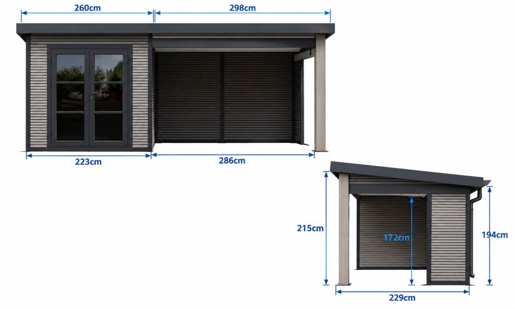 Gartenhaus mit überdachter Terrasse AUTRANS, seitenvariabel | 28 mm | Pultdach | Anthrazit |518.5x223cm, 11.56m2