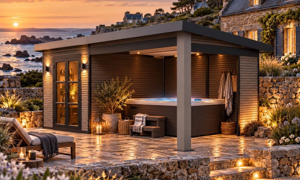Gartenhaus mit überdachter Terrasse AUTRANS, seitenvariabel | 28 mm | Pultdach | Mausgrau |518.5x223cm, 11.56m2