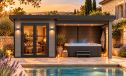 Gartenhaus mit überdachter Terrasse AUTRANS, seitenvariabel | 28 mm | Pultdach | Mausgrau |518.5x223cm, 11.56m2