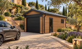 WPC Garage SALLANCHES mit elektrischem Sektionaltor – Wendbare WPC-Dielen in Teak/Anthrazit – 19 m² Innenfläche