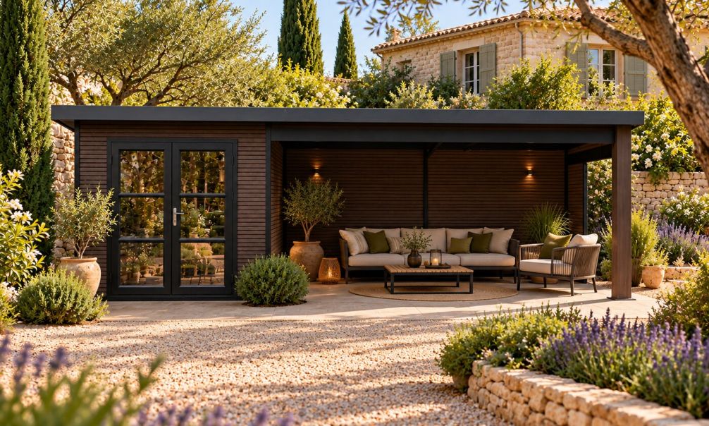 Gartenhaus aus WPC ROMANS mit Terrasse 28 mm in Holzoptik PREMIUM | Pultdach | Nussbaum | 623.5x223cm, 13.90m2