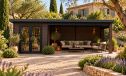 Gartenhaus aus WPC ROMANS mit Terrasse 28 mm in Holzoptik PREMIUM | Pultdach | Nussbaum | 623.5x223cm, 13.90m2