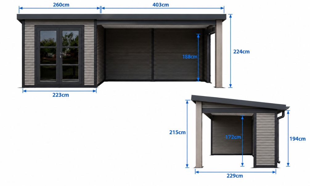 WPC Gartenhaus mit überdachter Terrasse AUTRANS, seitenvariabel | 28 mm | Pultdach | Mausgrau | 623.5x223cm, 13.90m2