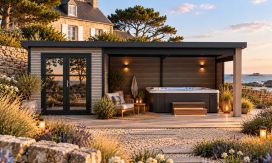 WPC Gartenhaus mit überdachter Terrasse AUTRANS, seitenvariabel | 28 mm | Pultdach | Mausgrau | 623.5x223cm, 13.90m2