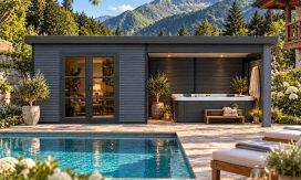 Gartenhaus mit überdachter Terrasse Rencurel, seitenvariabel | 28 mm | Pultdach | Anthrazit | 583x290cm, 16.91m2