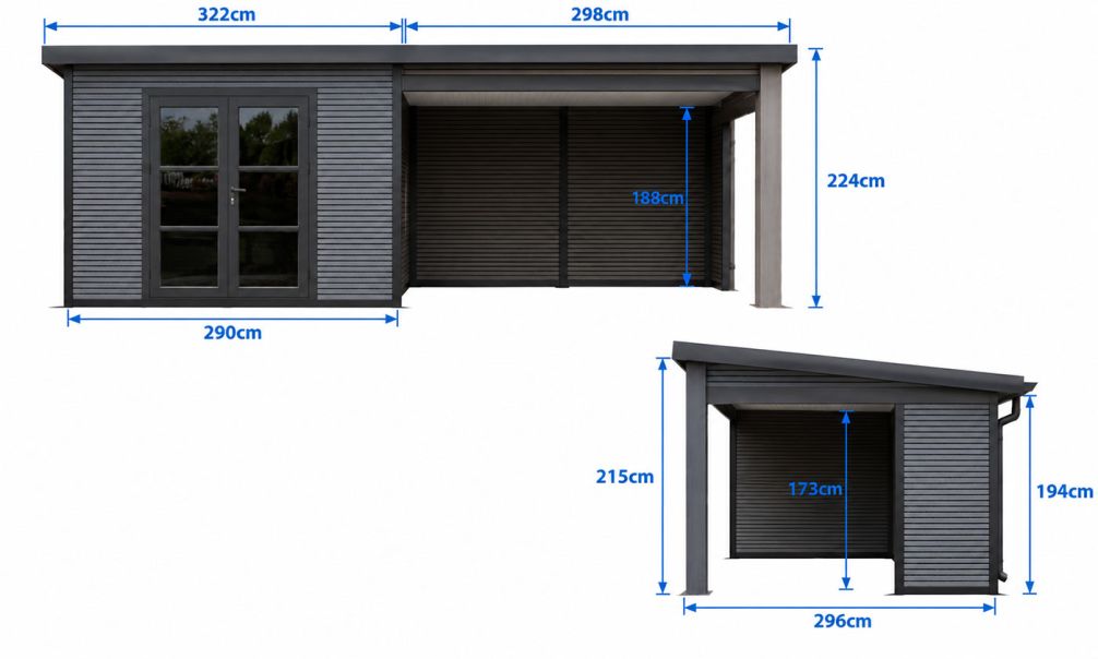 Gartenhaus mit überdachter Terrasse Rencurel, seitenvariabel | 28 mm | Pultdach | Mausgrau | 583x290cm, 16.91m2