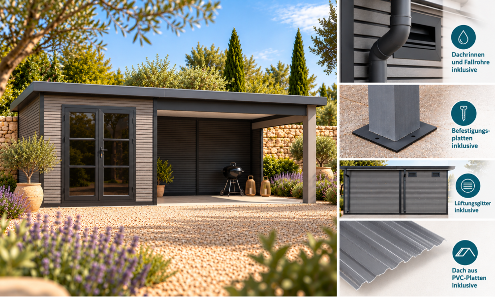 Gartenhaus mit überdachter Terrasse Meaudre, seitenvariabel | 28 mm | Pultdach | Teak | 583x290cm, 16.91m2
