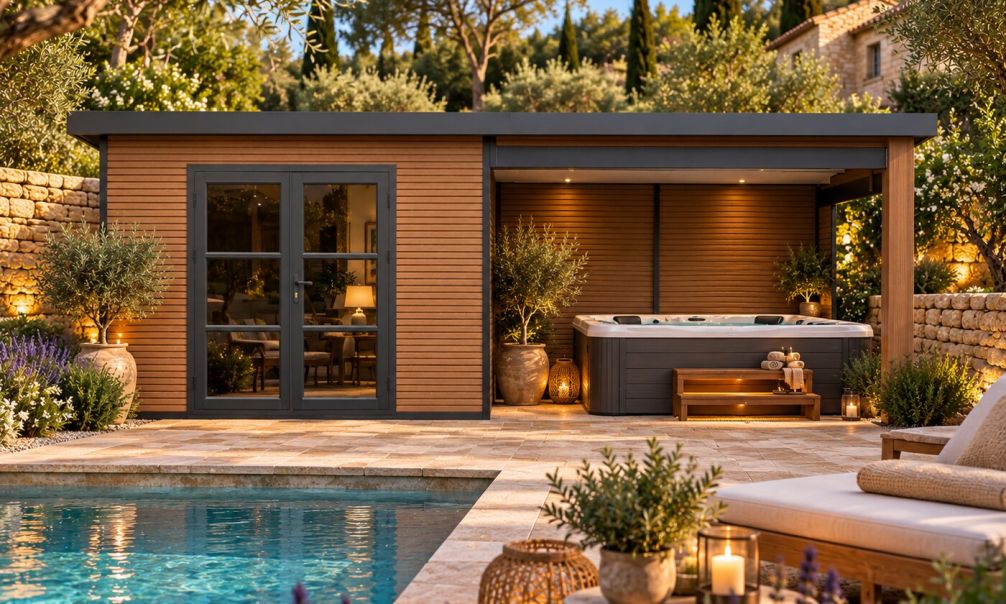 Gartenhaus mit überdachter Terrasse Meaudre, seitenvariabel | 28 mm | Pultdach | Teak | 583x290cm, 16.91m2