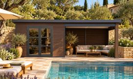Gartenhaus mit überdachter Terrasse Meaudre, seitenvariabel | 28 mm | Pultdach | Nussbaum | 583x290cm, 16.91m2