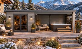 Gartenhaus mit überdachter Terrasse Rencurel, seitenvariabel | 28 mm | Pultdach | Maugrau | 688x290cm, 19.95m2