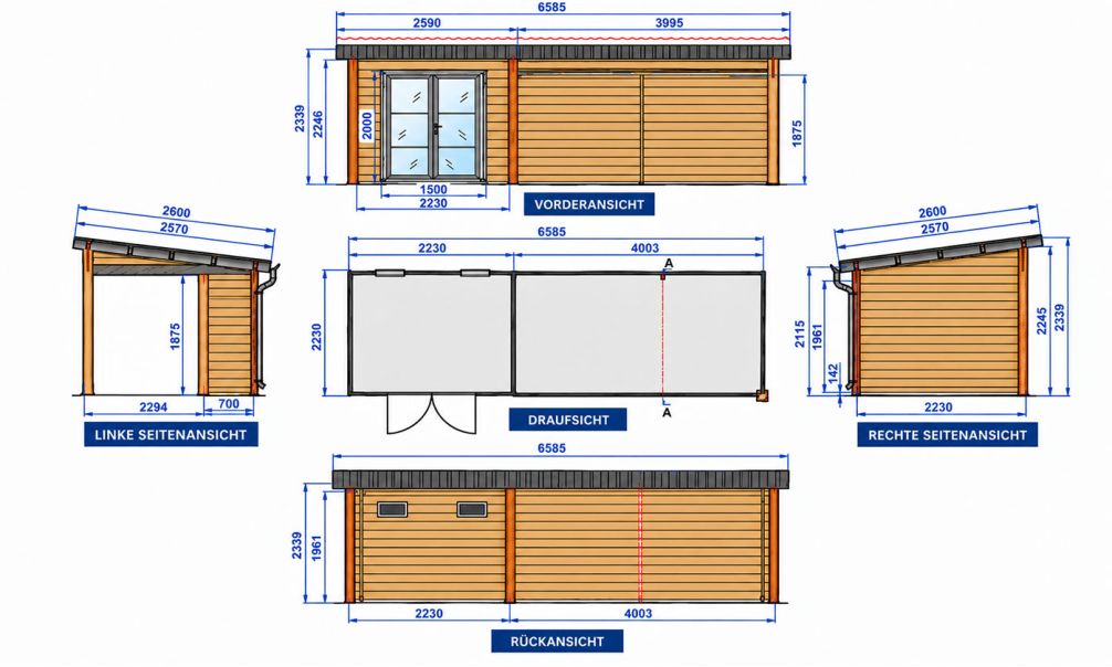 WPC Gartenhaus mit überdachter Terrasse ROMANS, seitenvariabel | 28 mm | Pultdach | Nussbaum | 623.5x223cm, 13.90m2