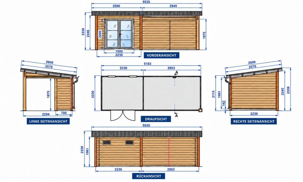 Gartenhaus mit überdachter Terrasse AUTRANS, seitenvariabel | 28 mm | Pultdach | Anthrazit |518.5x223cm, 11.56m2