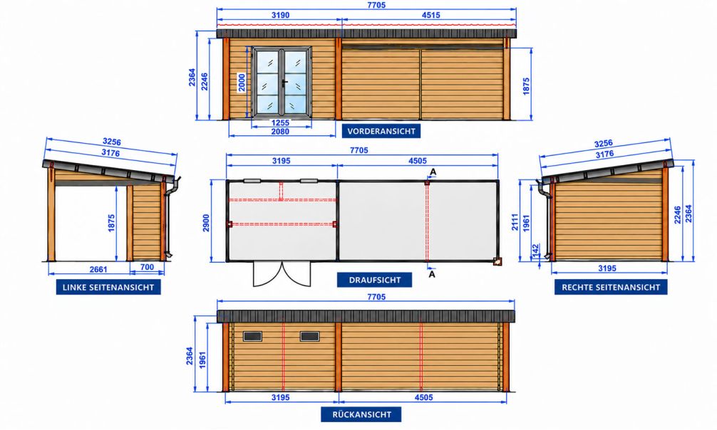 Gartenhaus mit überdachter Terrasse Meaudre, seitenvariabel | 28 mm | Pultdach | Nussbaum | 688x290cm, 19.95m2