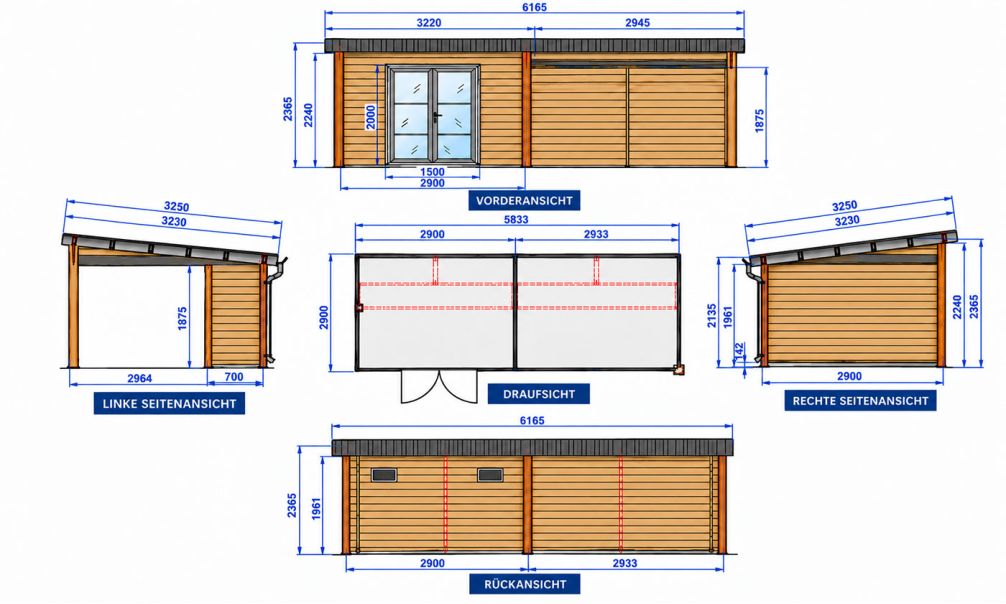 Gartenhaus mit überdachter Terrasse Rencurel, seitenvariabel | 28 mm | Pultdach | Anthrazit | 583x290cm, 16.91m2